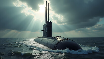 Submarine sailing on the ocean under a dramatic sky with sun rays.