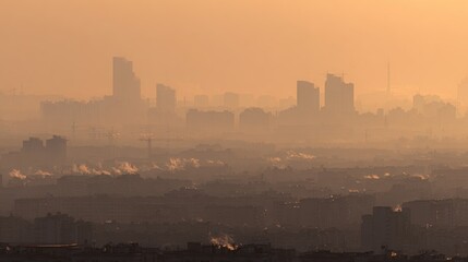 Naklejka premium Warm hazy skyline shows city buildings, with lower buildings and smog