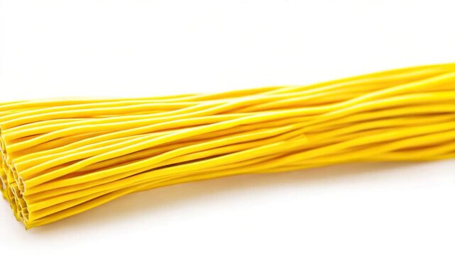 A collection of bright yellow cable ties arranged neatly on a clean white background, perfect for highlighting organization or technology concepts