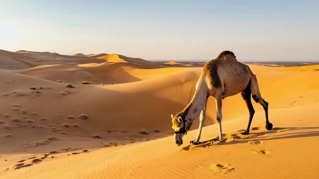 Dromedar in der W&uuml;ste &ndash; majest&auml;tisches Kamel in sandiger Landschaft bei Sonnenuntergang