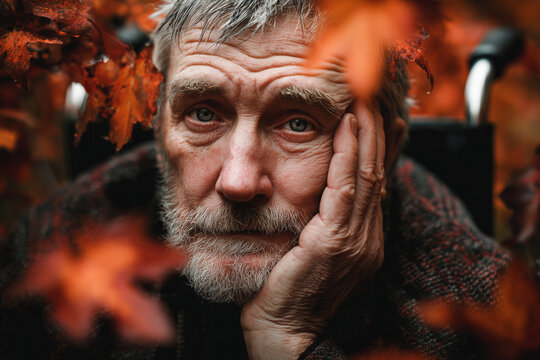 Reflective autumn portrait of an elderly man in a wheelchair, his thoughtful gaze framed by orange fall leaves, conveying quiet contemplation and wisdom
