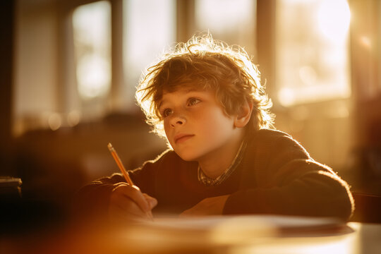 Thoughtful schoolboy writing in warm golden classroom light, daydreaming student studying with pencil and notebook at sunset