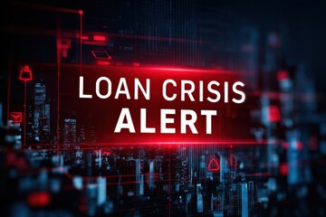 Digital illustration depicting a loan crisis alert with bold red text against a futuristic cityscape background, emphasizing financial urgency and economic challenges