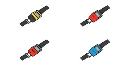 Four colorful seatbelt buckles displayed against a plain white background