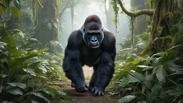 Gorilla im Dschungel &ndash; M&auml;chtiger Menschenaffe in freier Wildbahn