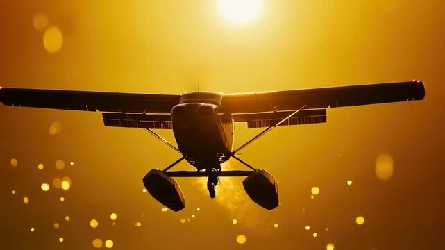 A small aircraft soaring through the sky as the sun sets in the background