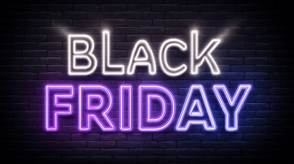 Neon purple text "Black Friday" white outline on a dark brick wall, with glowing light effects in a cyberpunk style. glowing lights, dark brick wall background. Design for sales season.