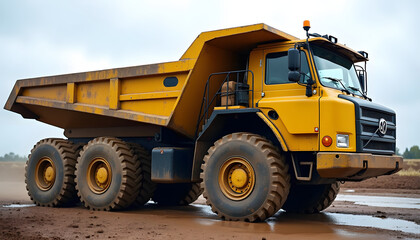 Yellow dump truck on a construction site