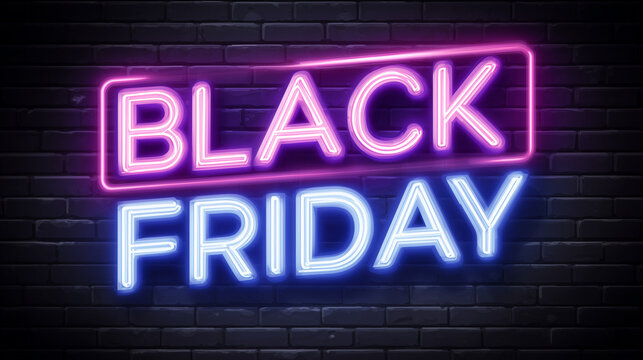 Neon purple text "Black Friday" white outline on a dark brick wall, with glowing light effects in a cyberpunk style. glowing lights, dark brick wall background. Design for sales season.