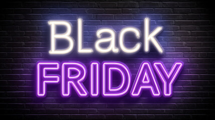 Neon purple text "Black Friday" white outline on a dark brick wall, with glowing light effects in a cyberpunk style. glowing lights, dark brick wall background. Design for sales season.