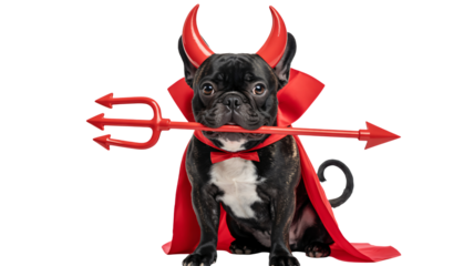 Adorable French bulldog dressed as a devil for Halloween, complete with horns, cape, bow tie, and trident, ready for spooky season festivities