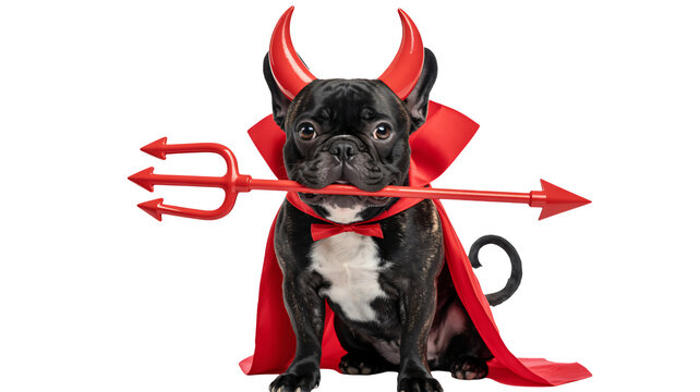 Adorable French bulldog dressed as a devil for Halloween, complete with horns, cape, bow tie, and trident, ready for spooky season festivities