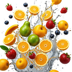 Fresh fruit explosion with water splash, vibrant colors, and healthy eating