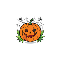 Smiling Halloween pumpkin illustration with spider web and leaves. Ideal for seasonal greeting cards and spooky artwork. 