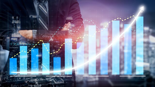 A businessman stands confidently with arms crossed, analyzing a financial graph with rising charts, representing success and growth in the corporate world. Copula