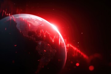 Digital globe illuminated in red light, showcasing a network of data points and abstract lines, representing global connectivity and technological advancement in a modern digital world