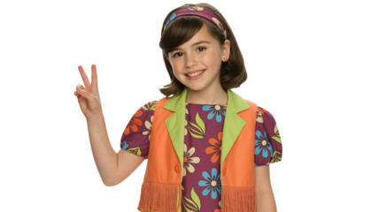Retro vibes with this groovy girl giving peace sign, floral dress and fringed vest adding vintage fun, perfect for youth culture and 70s fashion themes!