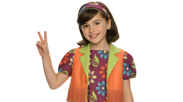 Retro vibes with this groovy girl giving peace sign, floral dress and fringed vest adding vintage fun, perfect for youth culture and 70s fashion themes!