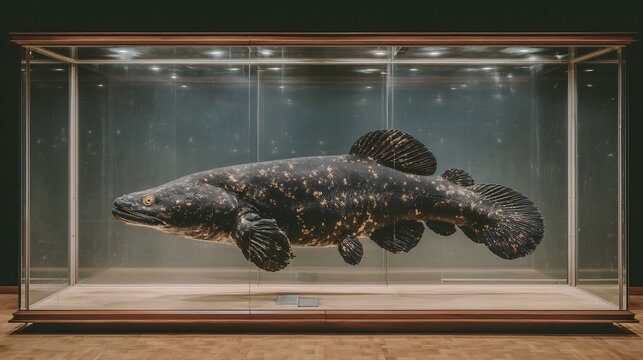 A preserved coelacanth, an ancient fish species, is displayed inside a glass case with interior lighting.