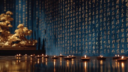 A serene scene showcases glowing candles reflecting on a polished , set against an ornate wall with script.