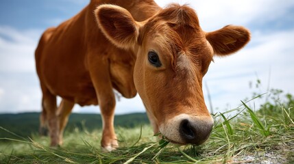 A brown cow is eating fresh grass in a green field with a clear sky, enjoying a peaceful day in nature