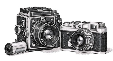 Vintage twin lens reflex and rangefinder cameras, illustration