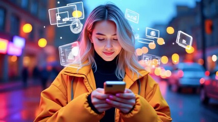 A woman in an orange jacket uses her phone with digital overlays in a city setting - Powered by Adobe