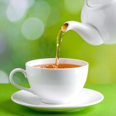 A white teacup and saucer, filled with steaming tea, as hot liquid is poured from a white teapot.  Blurred green bokeh background
