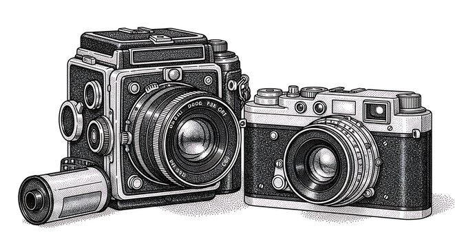 Vintage twin lens reflex and rangefinder cameras, illustration