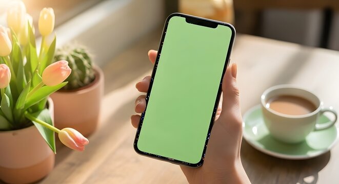 Woman holding smart phone with green screen at her desk with coffee and laptop in bright daylight, perfect for mobile app promo mockups - Powered by Adobe