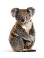 Fototapeta premium A cute koala bear sitting upright and looking directly at the viewer with a gentle expression on a plain white background.