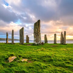 Ancient stone circle at sunset.  Vast grassy field surrounds a ring of tall, weathered stone pillars.  Dramatic sky with clouds and warm light.  Calm water in the distance