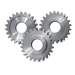 Three interlocking metal gears in a radial arrangement, isolated on a black background