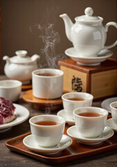 Traditional tea set with steaming cups and teapot for Lunar New Year  