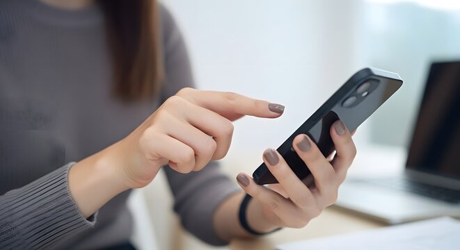 Woman's hands using smart phone, modern tech in daily life, stay connected with mobile technology, browsing social media on cell phone