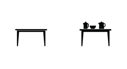 Simple black and white illustration of two tables with kitchenware