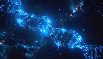 Detailed digital illustration showcases a luminous, abstract DNA helix model rendered against a deep blue, cosmic background, suggesting concepts of science, biology, and genetic information in...