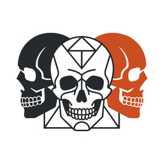 Geometric Triple Skull Vector Logo Design For Halloween. Abstract Three Skulls Illustration in Black, White and Orange.