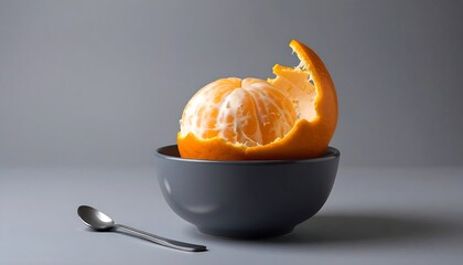 Peeled orange in a gray bowl on a gray background