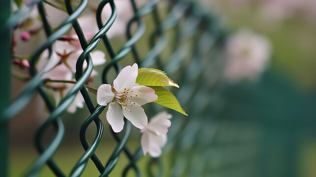 White blossoms peek through a green chain-link fence, marking a contrast between nature's beauty and manufactured barriers in a suburban landscape.