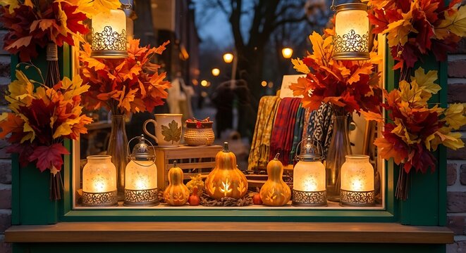 Cozy Autumn Window Display with Glowing Candles. - Powered by Adobe