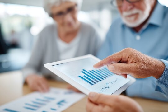 Senior couple analyzing financial data on a tablet, with colorful bar graphs displayed, engaged in discussion about investment strategies and future planning