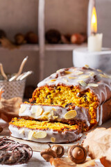 Pumpkin cake with chocolate and icing, prepared for a Halloween party.