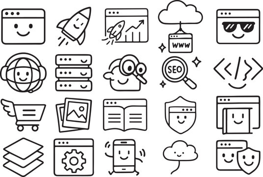 Creative doodle website line icon set with charming characters for digital and web design projects