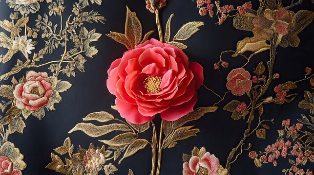 una rosa rosada en un coj&Atilde;&shy;n de una silla ocupando el 90 porciento de la composici&Atilde;&sup3;n que tiene ornamentos japoneses con hilos dorado