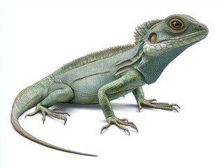 Fototapeta premium A detailed illustration of a green lizard with scales and a crest, depicted on a white background.