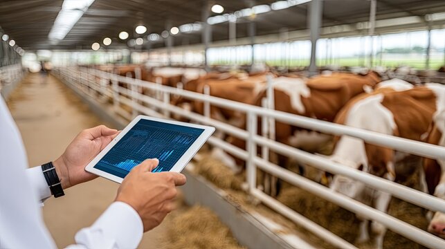 A farmer checks data on a tablet to oversee the health and performance of cows in a spacious barn filled with straw