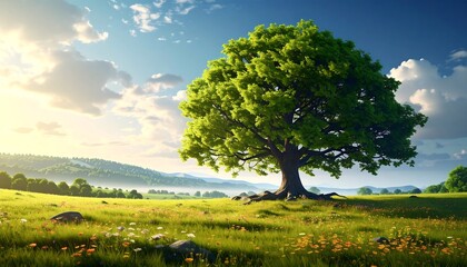 Fototapeta premium Majestic Solitary Tree in a Sunlit Green Meadow.