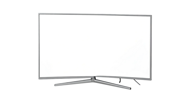 A modern, curved television with a bright, blank screen against a stark black background