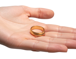 Gold wedding band on hand close up jewelry engagement ring simple design on transpar